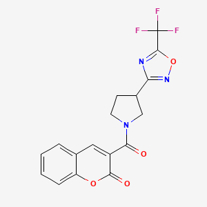 molecular formula C17H12F3N3O4 B2774666 3-(3-(5-(trifluoromethyl)-1,2,4-oxadiazol-3-yl)pyrrolidine-1-carbonyl)-2H-chromen-2-one CAS No. 2034601-09-5