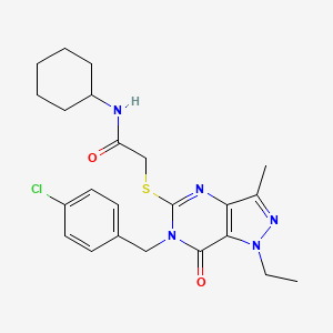 molecular formula C23H28ClN5O2S B2774708 2-({6-[(4-chlorophenyl)methyl]-1-ethyl-3-methyl-7-oxo-1H,6H,7H-pyrazolo[4,3-d]pyrimidin-5-yl}sulfanyl)-N-cyclohexylacetamide CAS No. 1359217-88-1