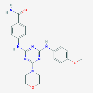 molecular formula C21H23N7O3 B2774778 4-((4-((4-Methoxyphenyl)amino)-6-morpholino-1,3,5-triazin-2-yl)amino)benzamide CAS No. 1018062-38-8