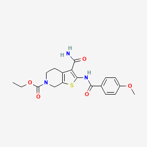 molecular formula C19H21N3O5S B2774803 乙基 3-氨基甲酰-2-(4-甲氧基苯甲酰胺)-4,5-二氢噻吩[2,3-c]吡啶-6(7H)-羧酸酯 CAS No. 864925-66-6