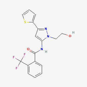 molecular formula C17H14F3N3O2S B2774815 N-(1-(2-羟乙基)-3-(噻吩-2-基)-1H-嘧啶-5-基)-2-(三氟甲基)苯甲酰胺 CAS No. 1219912-68-1