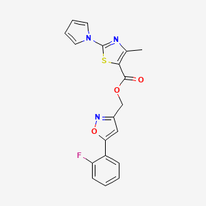 molecular formula C19H14FN3O3S B2774876 (5-(2-fluorophenyl)isoxazol-3-yl)methyl 4-methyl-2-(1H-pyrrol-1-yl)thiazole-5-carboxylate CAS No. 1211687-14-7