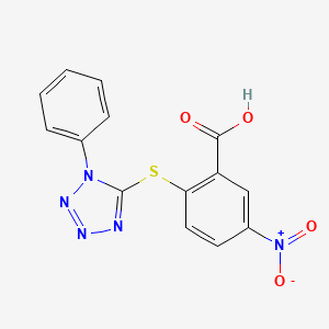 molecular formula C14H9N5O4S B2774949 5-Nitro-2-(1-phenyl-1H-tetrazol-5-ylsulfanyl)-benzoic acid CAS No. 309726-59-8