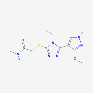 molecular formula C12H18N6O2S B2775039 2-((4-ethyl-5-(3-methoxy-1-methyl-1H-pyrazol-4-yl)-4H-1,2,4-triazol-3-yl)thio)-N-methylacetamide CAS No. 1014094-38-2