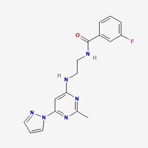 molecular formula C17H17FN6O B2775068 3-氟-N-(2-((2-甲基-6-(1H-吡唑-1-基)嘧啶-4-基)氨基)乙基)苯甲酰胺 CAS No. 1170632-64-0
