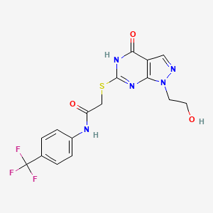molecular formula C16H14F3N5O3S B2775104 2-((1-(2-hydroxyethyl)-4-oxo-4,5-dihydro-1H-pyrazolo[3,4-d]pyrimidin-6-yl)thio)-N-(4-(trifluoromethyl)phenyl)acetamide CAS No. 946254-98-4