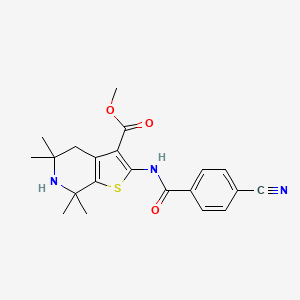 molecular formula C21H23N3O3S B2775105 Methyl 2-[(4-cyanobenzoyl)amino]-5,5,7,7-tetramethyl-4,6-dihydrothieno[2,3-c]pyridine-3-carboxylate CAS No. 887900-36-9
