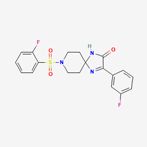 molecular formula C19H17F2N3O3S B2775111 3-(3-Fluorophenyl)-8-((2-fluorophenyl)sulfonyl)-1,4,8-triazaspiro[4.5]dec-3-en-2-one CAS No. 1185016-70-9