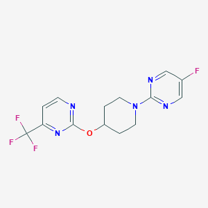 molecular formula C14H13F4N5O B2775191 2-[1-(5-Fluoropyrimidin-2-yl)piperidin-4-yl]oxy-4-(trifluoromethyl)pyrimidine CAS No. 2380071-76-9