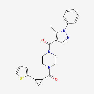 molecular formula C23H24N4O2S B2775201 (5-methyl-1-phenyl-1H-pyrazol-4-yl)(4-(2-(thiophen-2-yl)cyclopropanecarbonyl)piperazin-1-yl)methanone CAS No. 1209087-17-1