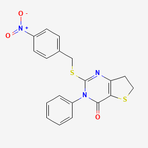 molecular formula C19H15N3O3S2 B2775203 2-[(4-Nitrophenyl)methylsulfanyl]-3-phenyl-6,7-dihydrothieno[3,2-d]pyrimidin-4-one CAS No. 686770-88-7