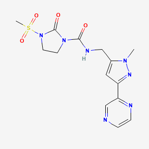 molecular formula C14H17N7O4S B2775229 N-((1-methyl-3-(pyrazin-2-yl)-1H-pyrazol-5-yl)methyl)-3-(methylsulfonyl)-2-oxoimidazolidine-1-carboxamide CAS No. 2034323-48-1