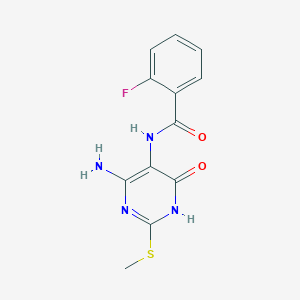 molecular formula C12H11FN4O2S B2775296 N-(4-amino-2-(methylthio)-6-oxo-1,6-dihydropyrimidin-5-yl)-2-fluorobenzamide CAS No. 888421-27-0