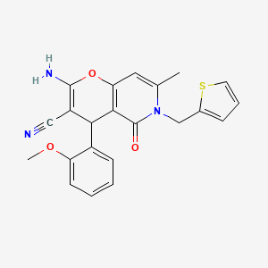 molecular formula C22H19N3O3S B2775326 2-氨基-4-(2-甲氧基苯基)-7-甲基-5-氧代-6-(噻吩-2-基甲基)-5,6-二氢-4H-吡喃[3,2-c]吡啶-3-碳腈 CAS No. 638138-74-6