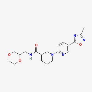 molecular formula C19H25N5O4 B2775350 N-(1,4-二氧杂环戊烷-2-基甲基)-1-[5-(3-甲基-1,2,4-噁二唑-5-基)吡啶-2-基]哌啶-3-羧酰胺 CAS No. 1396687-06-1