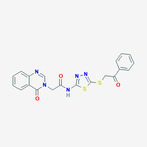 molecular formula C20H15N5O3S2 B277536 N-{5-[(2-oxo-2-phenylethyl)sulfanyl]-1,3,4-thiadiazol-2-yl}-2-(4-oxoquinazolin-3(4H)-yl)acetamide 