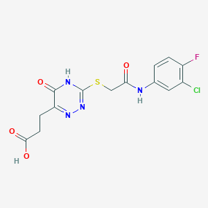 molecular formula C14H12ClFN4O4S B2775463 3-(3-((2-((3-Chloro-4-fluorophenyl)amino)-2-oxoethyl)thio)-5-oxo-4,5-dihydro-1,2,4-triazin-6-yl)propanoic acid CAS No. 898607-69-7