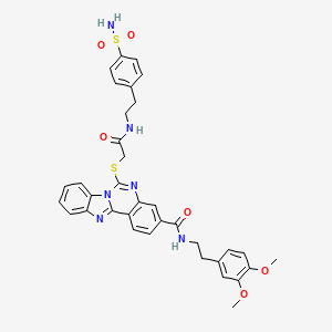 molecular formula C35H34N6O6S2 B2775529 6-{[2-({2-[4-(aminosulfonyl)phenyl]ethyl}amino)-2-oxoethyl]thio}-N-[2-(3,4-dimethoxyphenyl)ethyl]benzimidazo[1,2-c]quinazoline-3-carboxamide CAS No. 443670-88-0