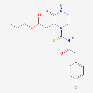 molecular formula C18H22ClN3O4S B2775623 Propyl (1-{[(4-chlorophenyl)acetyl]carbamothioyl}-3-oxopiperazin-2-yl)acetate CAS No. 1008075-94-2
