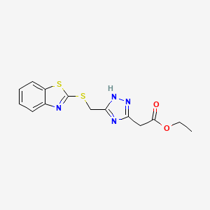 molecular formula C14H14N4O2S2 B2775633 ethyl 2-[3-(benzothiazol-2-ylthiomethyl)-1H-1,2,4-triazol-5-yl]acetate CAS No. 1087648-46-1