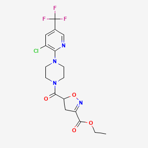 molecular formula C17H18ClF3N4O4 B2775754 乙酸-5-({4-[3-氯-5-(三氟甲基)-2-吡啶基]哌嗪基}羰基)-4,5-二氢-3-异噁唑基甲酸酯 CAS No. 477864-85-0