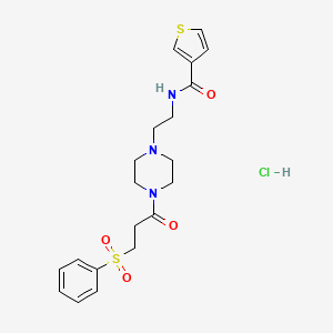 molecular formula C20H26ClN3O4S2 B2775784 N-(2-(4-(3-(phenylsulfonyl)propanoyl)piperazin-1-yl)ethyl)thiophene-3-carboxamide hydrochloride CAS No. 1351601-73-4