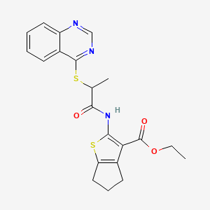 molecular formula C21H21N3O3S2 B2775860 乙酸2-(2-(喹唑啉-4-基硫)丙酰胺基)-5,6-二氢-4H-环戊[3,2-b]噻吩-3-羧酸乙酯 CAS No. 852366-85-9