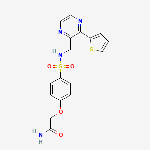 molecular formula C17H16N4O4S2 B2775933 2-(4-(N-((3-(thiophen-2-yl)pyrazin-2-yl)methyl)sulfamoyl)phenoxy)acetamide CAS No. 2034241-94-4