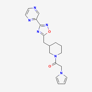 molecular formula C18H20N6O2 B2775981 1-(3-((3-(pyrazin-2-yl)-1,2,4-oxadiazol-5-yl)methyl)piperidin-1-yl)-2-(1H-pyrrol-1-yl)ethanone CAS No. 1705111-00-7