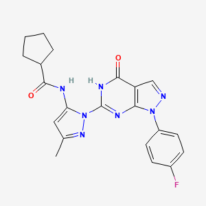 molecular formula C21H20FN7O2 B2775999 N-(1-(1-(4-fluorophenyl)-4-oxo-4,5-dihydro-1H-pyrazolo[3,4-d]pyrimidin-6-yl)-3-methyl-1H-pyrazol-5-yl)cyclopentanecarboxamide CAS No. 1019098-42-0