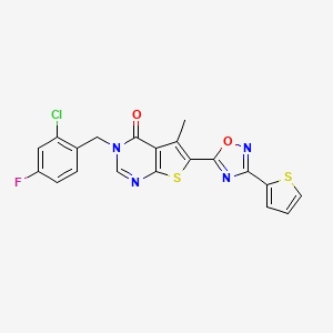 molecular formula C20H12ClFN4O2S2 B2776027 3-(2-chloro-4-fluorobenzyl)-5-methyl-6-[3-(thiophen-2-yl)-1,2,4-oxadiazol-5-yl]thieno[2,3-d]pyrimidin-4(3H)-one CAS No. 1326822-34-7