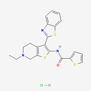 molecular formula C21H20ClN3OS3 B2776075 N-(3-(benzo[d]thiazol-2-yl)-6-ethyl-4,5,6,7-tetrahydrothieno[2,3-c]pyridin-2-yl)thiophene-2-carboxamide hydrochloride CAS No. 1163144-35-1