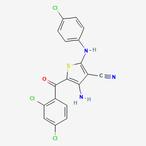 molecular formula C18H10Cl3N3OS B2776113 4-Amino-2-(4-chloroanilino)-5-(2,4-dichlorobenzoyl)-3-thiophenecarbonitrile CAS No. 338966-43-1