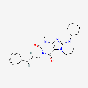 molecular formula C24H29N5O2 B2776329 9-cyclohexyl-1-methyl-3-[(E)-3-phenylprop-2-enyl]-7,8-dihydro-6H-purino[7,8-a]pyrimidine-2,4-dione CAS No. 872628-21-2