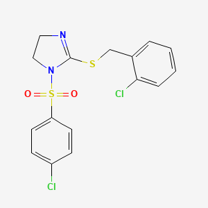 molecular formula C16H14Cl2N2O2S2 B2776344 2-[(2-Chlorophenyl)methylsulfanyl]-1-(4-chlorophenyl)sulfonyl-4,5-dihydroimidazole CAS No. 868217-80-5