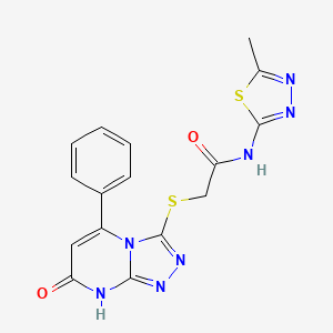 molecular formula C16H13N7O2S2 B2776380 N-(5-methyl-1,3,4-thiadiazol-2-yl)-2-((7-oxo-5-phenyl-7,8-dihydro-[1,2,4]triazolo[4,3-a]pyrimidin-3-yl)thio)acetamide CAS No. 894999-02-1