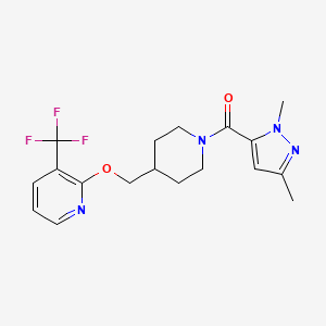 molecular formula C18H21F3N4O2 B2776526 (2,5-Dimethylpyrazol-3-yl)-[4-[[3-(trifluoromethyl)pyridin-2-yl]oxymethyl]piperidin-1-yl]methanone CAS No. 2379986-13-5