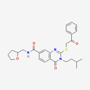 molecular formula C27H31N3O4S B2776549 3-(3-methylbutyl)-4-oxo-2-[(2-oxo-2-phenylethyl)thio]-N-(tetrahydrofuran-2-ylmethyl)-3,4-dihydroquinazoline-7-carboxamide CAS No. 1021261-68-6