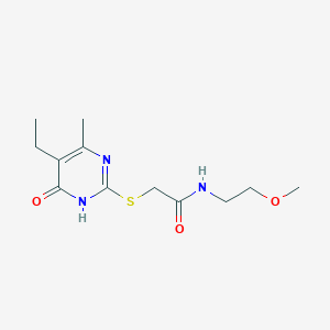 molecular formula C12H19N3O3S B2776582 2-((5-ethyl-4-methyl-6-oxo-1,6-dihydropyrimidin-2-yl)thio)-N-(2-methoxyethyl)acetamide CAS No. 922660-22-8