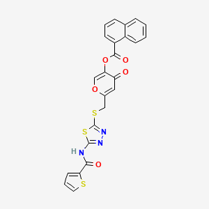 molecular formula C24H15N3O5S3 B2776585 4-oxo-6-(((5-(thiophene-2-carboxamido)-1,3,4-thiadiazol-2-yl)thio)methyl)-4H-pyran-3-yl 1-naphthoate CAS No. 877643-45-3