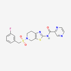 molecular formula C18H16FN5O3S2 B2776589 N-(5-((3-fluorobenzyl)sulfonyl)-4,5,6,7-tetrahydrothiazolo[5,4-c]pyridin-2-yl)pyrazine-2-carboxamide CAS No. 1351622-43-9
