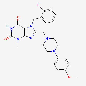 molecular formula C25H27FN6O3 B2776739 7-(2-fluorobenzyl)-8-((4-(4-methoxyphenyl)piperazin-1-yl)methyl)-3-methyl-1H-purine-2,6(3H,7H)-dione CAS No. 847408-33-7