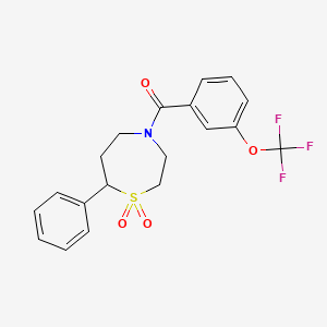 molecular formula C19H18F3NO4S B2776769 (1,1-Dioxido-7-phenyl-1,4-thiazepan-4-yl)(3-(trifluoromethoxy)phenyl)methanone CAS No. 2034527-57-4