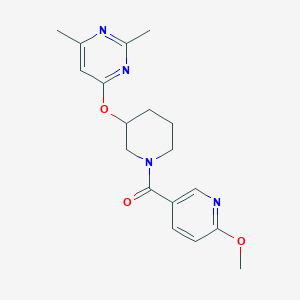 molecular formula C18H22N4O3 B2776874 (3-((2,6-Dimethylpyrimidin-4-yl)oxy)piperidin-1-yl)(6-methoxypyridin-3-yl)methanone CAS No. 2034575-36-3