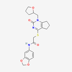 molecular formula C21H23N3O5S B2776898 N-(苯并[d][1,3]二噁嗪-5-基)-2-((2-氧代-1-((环氧丁烷-2-基)甲基)-2,5,6,7-四氢-1H-环戊[d]嘧啶-4-基)硫)-乙酰胺 CAS No. 899993-30-7