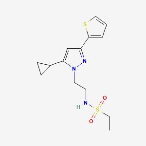 molecular formula C14H19N3O2S2 B2776923 N-(2-(5-cyclopropyl-3-(thiophen-2-yl)-1H-pyrazol-1-yl)ethyl)ethanesulfonamide CAS No. 1797976-51-2