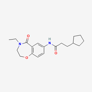 molecular formula C19H26N2O3 B2776953 3-cyclopentyl-N-(4-ethyl-5-oxo-2,3,4,5-tetrahydrobenzo[f][1,4]oxazepin-7-yl)propanamide CAS No. 922054-59-9