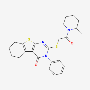 molecular formula C24H27N3O2S2 B2776974 2-[2-(2-Methylpiperidin-1-yl)-2-oxoethyl]sulfanyl-3-phenyl-5,6,7,8-tetrahydro-[1]benzothiolo[2,3-d]pyrimidin-4-one CAS No. 379239-40-4