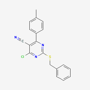 molecular formula C19H14ClN3S B2776988 2-(Benzylsulfanyl)-4-chloro-6-(4-methylphenyl)-5-pyrimidinecarbonitrile CAS No. 257908-21-7