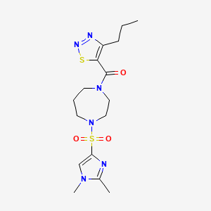 molecular formula C16H24N6O3S2 B2777011 (4-((1,2-二甲基-1H-咪唑-4-基)磺酰)-1,4-二氮杂辛-1-基)(4-丙基-1,2,3-噻二唑-5-基)甲酮 CAS No. 1904081-60-2